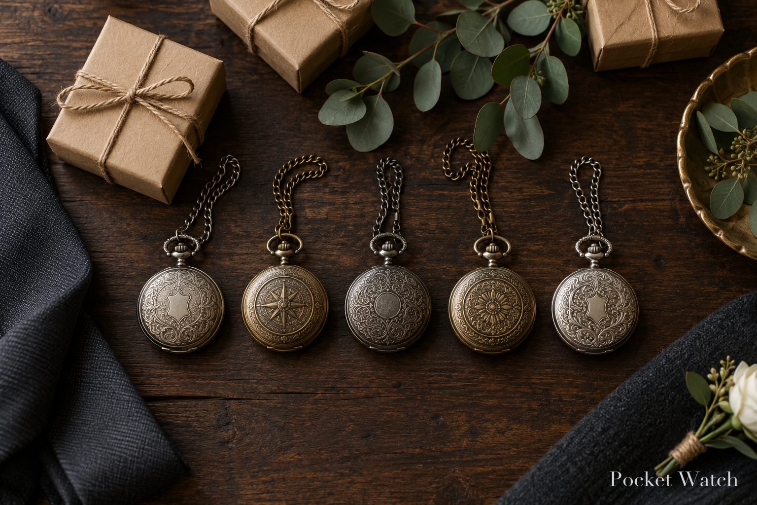 Five closed pocket watches with chains on a walnut table beside kraft gift boxes